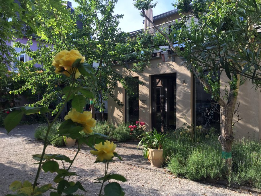 Blick auf ein Haus mit Türen, umgeben von Blumen und grünen Pflanzen im Garten.