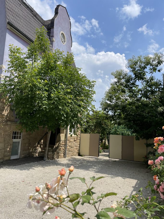 Blick auf einen Garten mit Bäumen und blühenden Pflanzen, von einer Mauer umgeben.