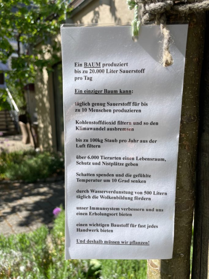 Informationstafel über Umwelt- und Naturschutzmaßnahmen im Freien, umgeben von Pflanzen.